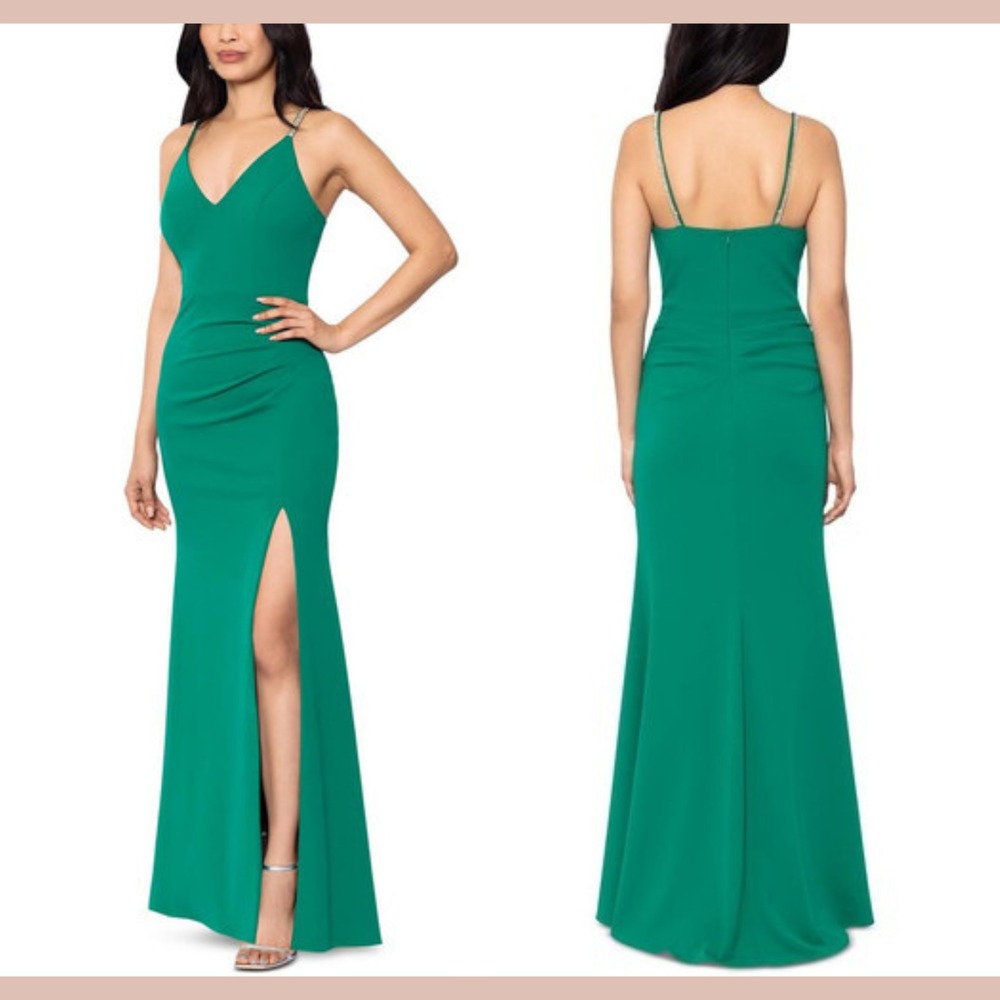 NWT XSCAPE [ 4 ] V Neck‎ Crepe Side Slit Ruched Gown in Green #J1706